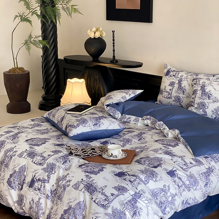 91家纺网 家纺一手货源 找家纺 赫帛 2025新款赫本猫联名系列四件套-南法庄园 南法庄园-复古蓝