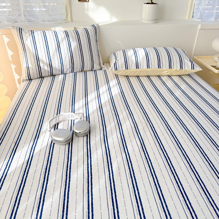 91家纺网 家纺一手货源 找家纺 眠博士2025新款全棉老粗布床笠 老粗布床笠-条纹蓝