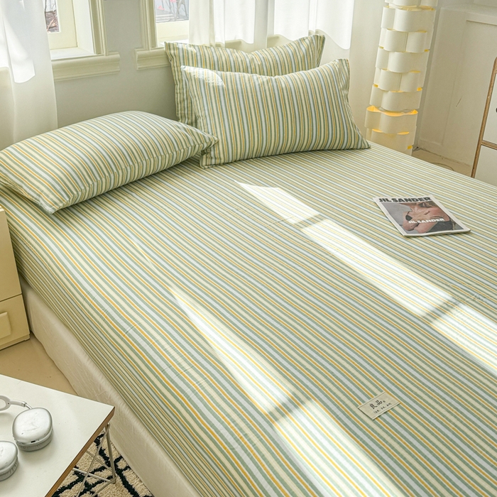 91家纺网 家纺一手货源 找家纺 眠博士2025新款 全棉双层纱 单床笠 双层纱床笠-黄绿条