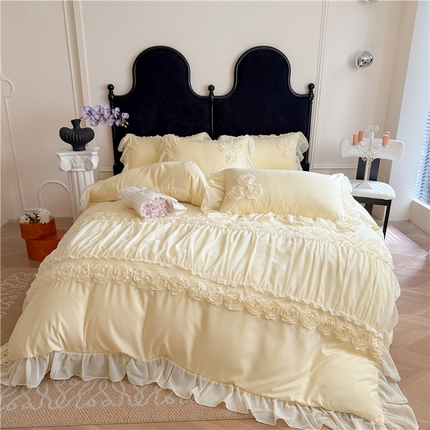 富盛家纺 2025新款水洗亲肤棉盘花刺绣床裙款四件套公主风四件套甜蜜蜜系列 甜蜜蜜-黄