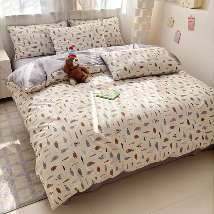 91家纺网 家纺一手货源 找家纺 清雅福 2025全棉13372小清新四件套和单被套早春系列第二批--单枕套 鱼多多