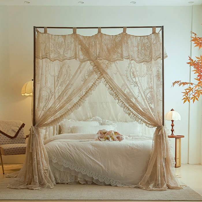 91家纺网 家纺一手货源 找家纺 都市缘蚊帐 2025新款A902穿杆落地宫廷蚊帐烤漆支架款 902薇尔庄园-奶油杏