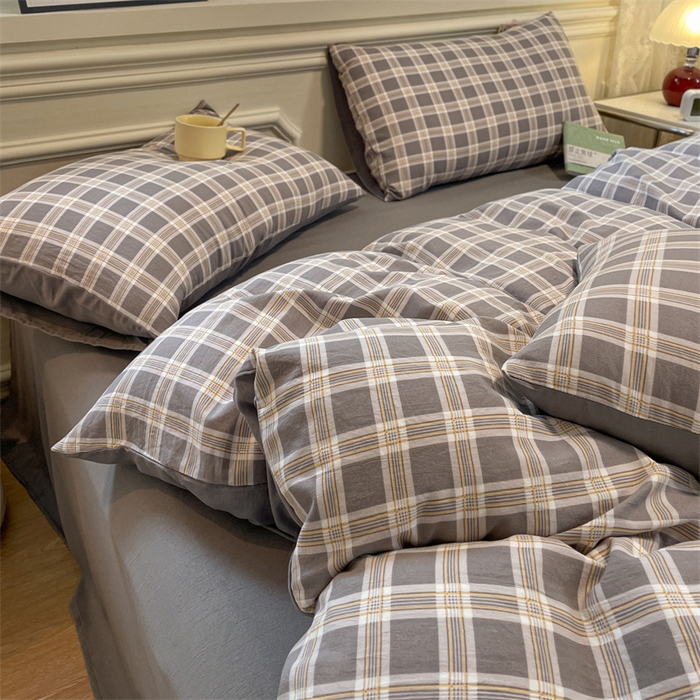 91家纺网 家纺一手货源 找家纺 盛秋家纺 2025新款水洗棉格子系列四件套 保罗+中灰