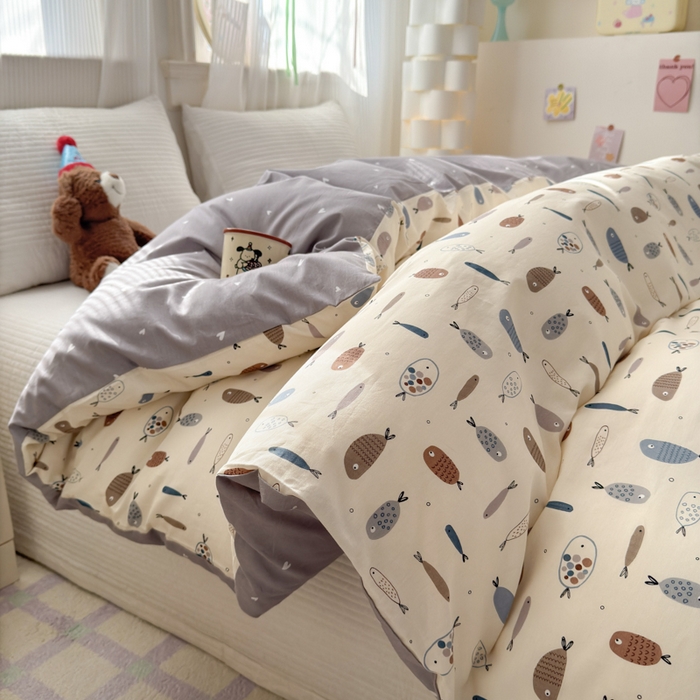 91家纺网 家纺一手货源 找家纺 清雅福 2025全棉13372小清新四件套和单被套早春系列第二批--单被套 鱼多多