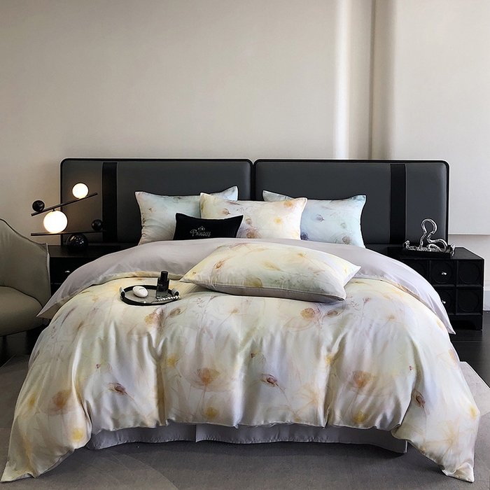 91家纺网 家纺一手货源 找家纺 立奥被业 2025年新款100%兰精天丝四件套天丝数码印花四件套 水仙灰