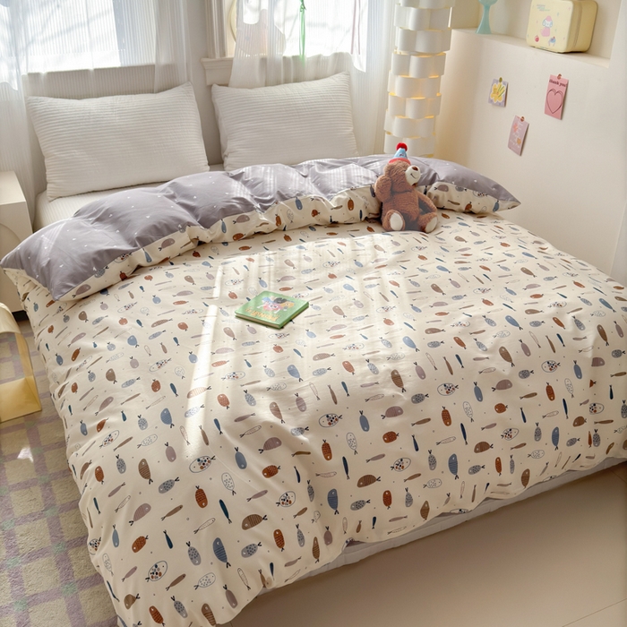 91家纺网 家纺一手货源 找家纺 清雅福 2025全棉13372小清新四件套和单被套早春系列第二批--单被套 鱼多多