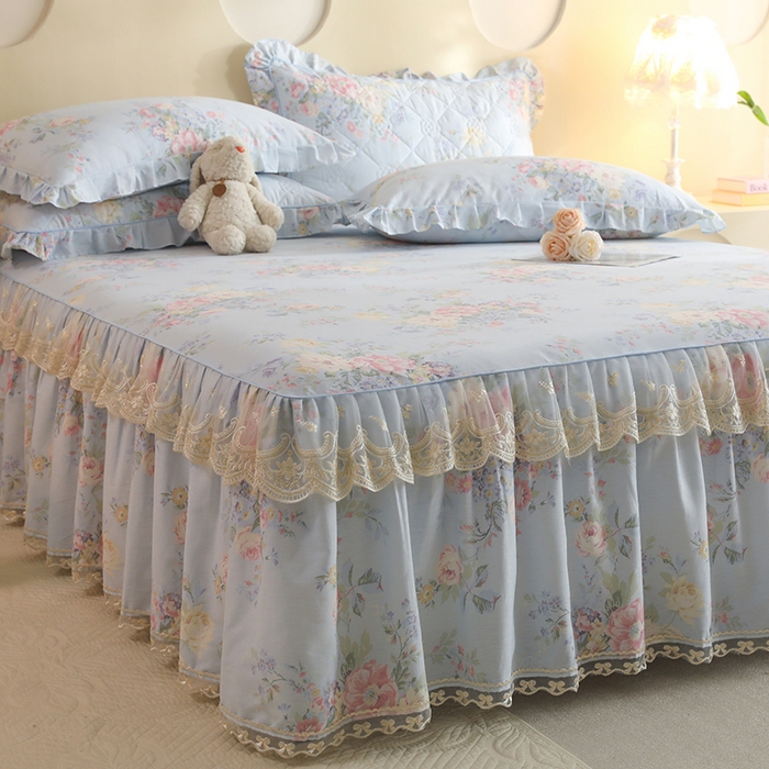 91家纺网 家纺一手货源 找家纺 美达家纺 2025新款全棉印花单床裙 栀夏海棠-蓝