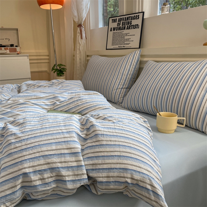 91家纺网 家纺一手货源 找家纺 盛秋家纺 2025新款水洗棉格子系列四件套蓝苏条+天空蓝