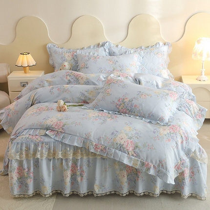 美达家纺 2025新款全棉印花床裙四件套 栀夏海棠-蓝