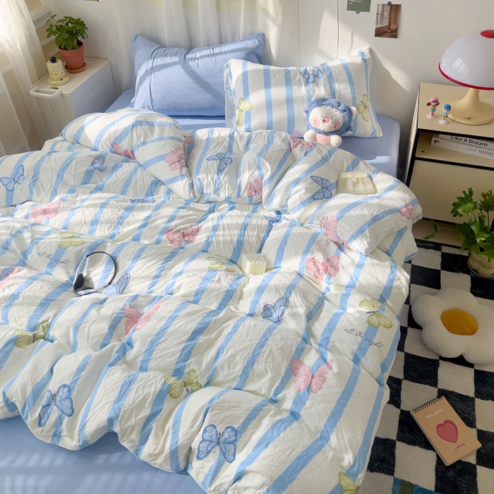 91家纺网 家纺一手货源 找家纺 仟人梦 2025新款水洗棉印花四件套 蝶舞轻盈