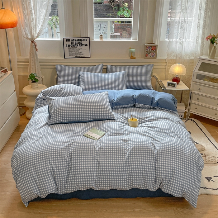 91家纺网 家纺一手货源 找家纺 盛秋家纺 2025新款水洗棉格子系列四件套 蓝小格+蓝灰