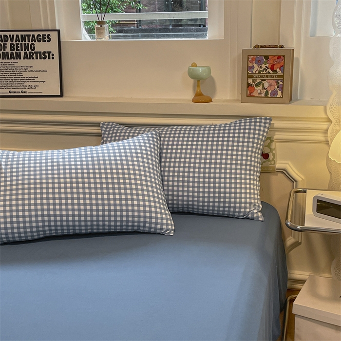 91家纺网 家纺一手货源 找家纺 盛秋家纺 2025新款水洗棉格子系列四件套 蓝小格+蓝灰