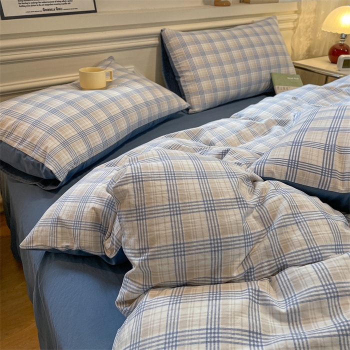 91家纺网 家纺一手货源 找家纺 盛秋家纺 2025新款水洗棉格子系列四件套 博克+蓝灰