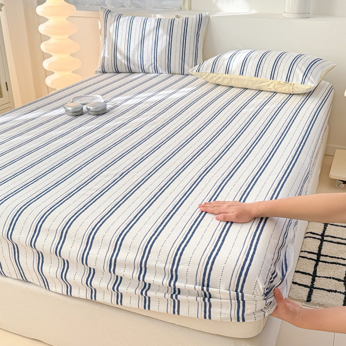 91家纺网 家纺一手货源 找家纺 眠博士2025新款全棉老粗布床笠 老粗布床笠-条纹蓝