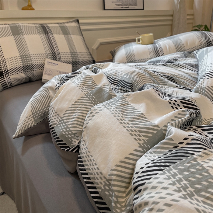 91家纺网 家纺一手货源 找家纺 盛秋家纺 2025新款水洗棉格子系列四件套格瑞斯+中灰