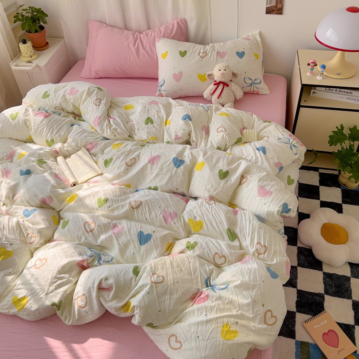 91家纺网 家纺一手货源 找家纺 仟人梦 2025新款水洗棉印花四件套 爱心波波