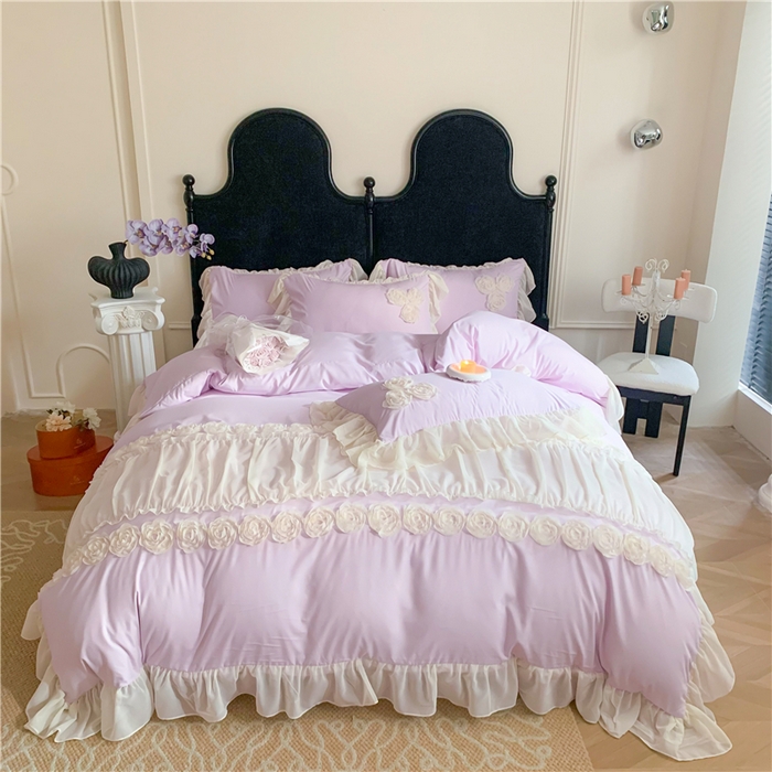 91家纺网 家纺一手货源 找家纺 （总）富盛家纺 2025新款水洗亲肤棉盘花刺绣床裙款四件套公主风四件套甜蜜蜜系列