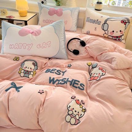 尤米【提供买家秀】2025新款水洗棉大版卡通毛巾绣四件套 凯丽猫-粉