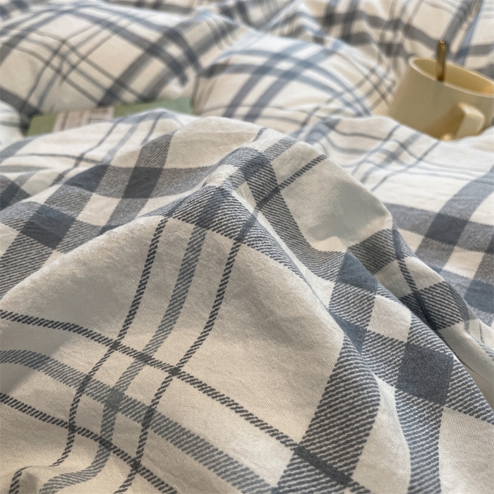 91家纺网 家纺一手货源 找家纺 盛秋家纺 2025新款水洗棉格子系列四件套蓝调+海清