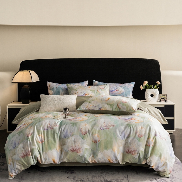 91家纺网 家纺一手货源 找家纺 立奥被业 2025新款60S数码印花四件套四件套 百合绿