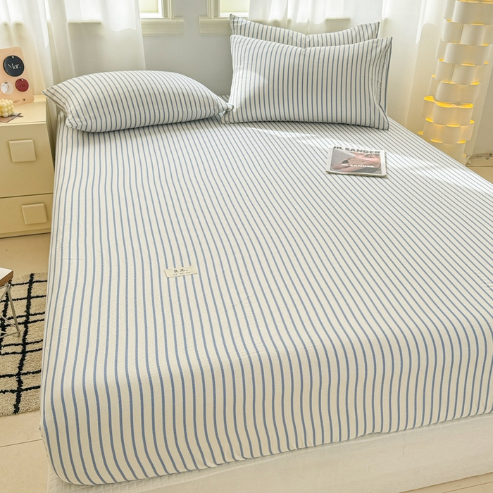 91家纺网 家纺一手货源 找家纺 眠博士2025新款 全棉双层纱 单床笠 双层纱床笠-白蓝条