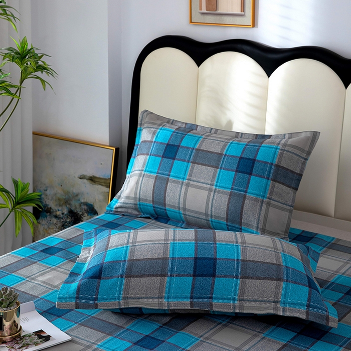 91家纺网 家纺一手货源 找家纺 帛洵2025新款原棉老粗布床单 灰蓝格