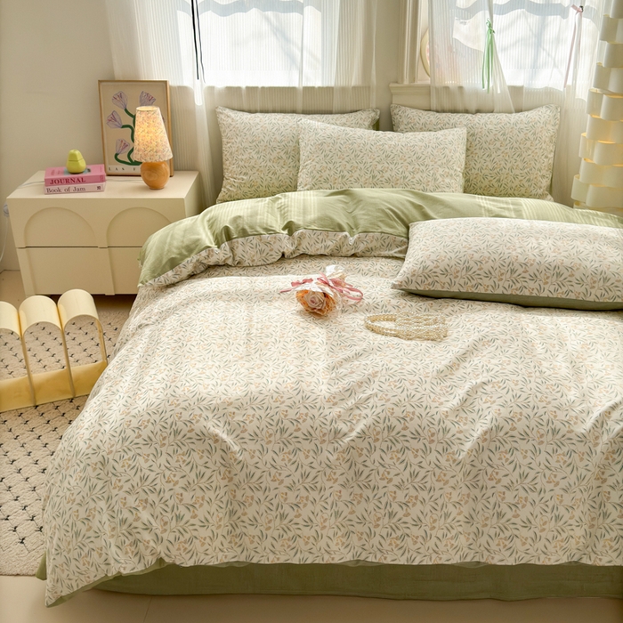 91家纺网 家纺一手货源 找家纺 清雅福 2025全棉13372小清新四件套和单被套早春系列第二批--四件套 绿茵