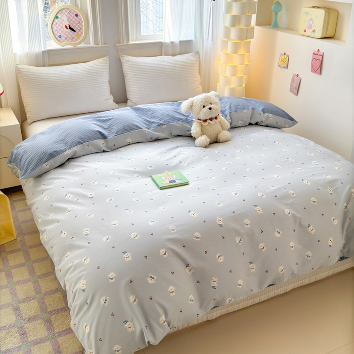 91家纺网 家纺一手货源 找家纺 清雅福 2025全棉13372小清新四件套和单被套早春系列第二批--单被套 小狗宝莉·蓝