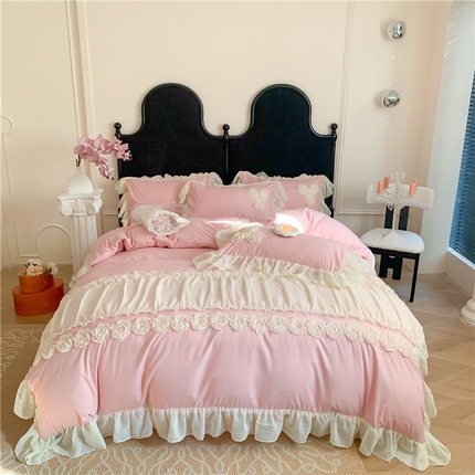 富盛家纺 2025新款水洗亲肤棉盘花刺绣床裙款四件套公主风四件套甜蜜蜜系列 甜蜜蜜-豆沙