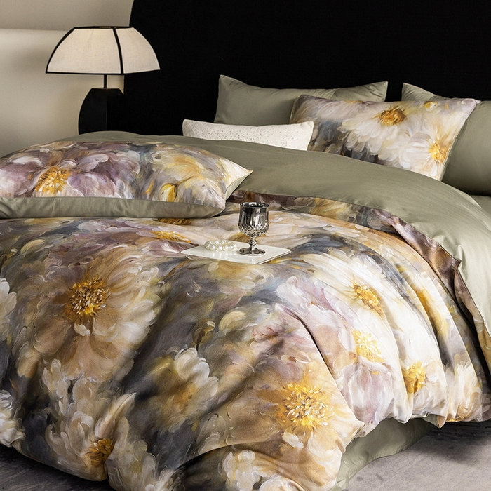 91家纺网 家纺一手货源 找家纺 立奥被业 2025新款60S数码印花四件套四件套 秋菊绿