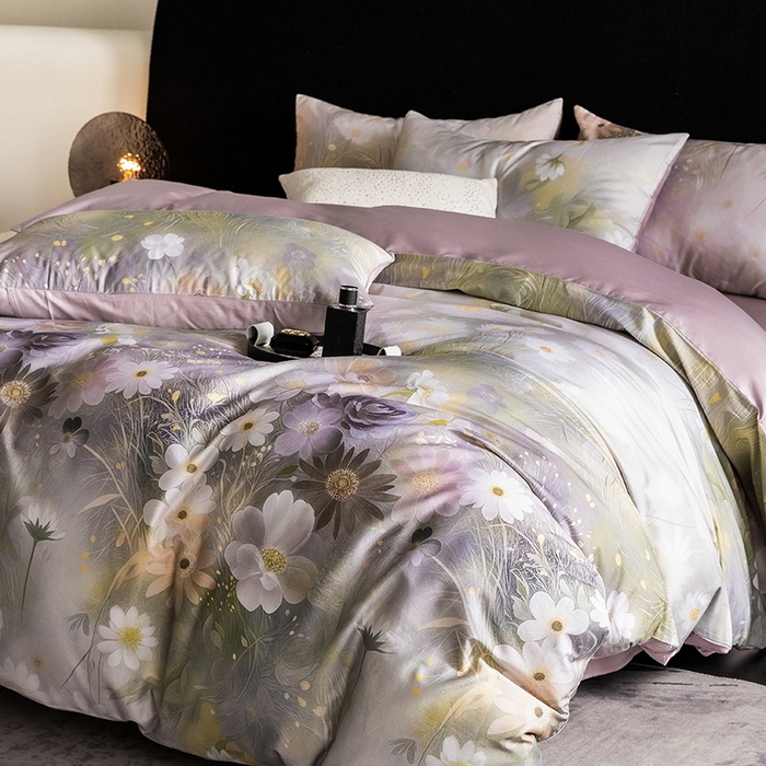 91家纺网 家纺一手货源 找家纺 立奥被业 2025新款60S数码印花四件套四件套 繁花紫