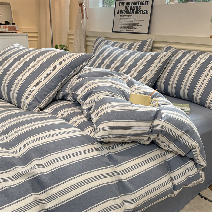 91家纺网 家纺一手货源 找家纺 盛秋家纺 2025新款水洗棉格子系列四件套蓝灰中条+海清