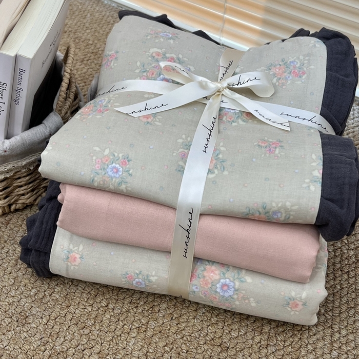 91家纺网 家纺一手货源 找家纺 荣轩 2024新款全棉印花双层纱四件套 皱皱纱花边款 山岚