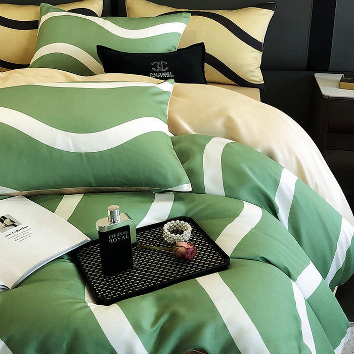 91家纺网 家纺一手货源 找家纺 立奥被业 2025年新款100%兰精天丝四件套天丝数码印花四件套 条纹绿