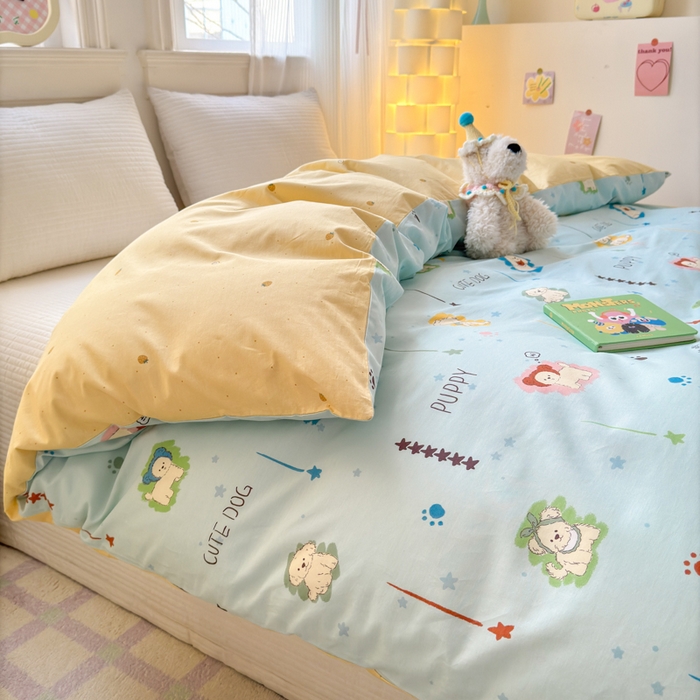 91家纺网 家纺一手货源 找家纺 清雅福 2025全棉13372小清新四件套和单被套早春系列第二批--单被套 旺柴犬·蓝