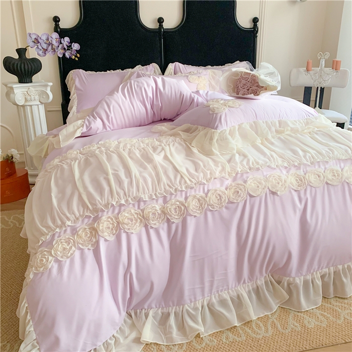 91家纺网 家纺一手货源 找家纺 （总）富盛家纺 2025新款水洗亲肤棉盘花刺绣床裙款四件套公主风四件套甜蜜蜜系列