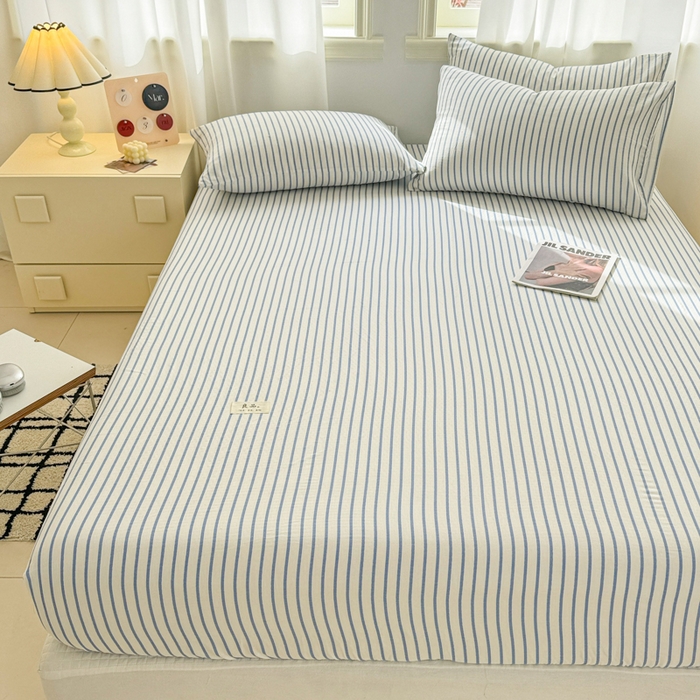 91家纺网 家纺一手货源 找家纺 眠博士2025新款 全棉双层纱 单床笠 双层纱床笠-白蓝条