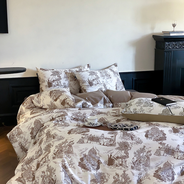 91家纺网 家纺一手货源 找家纺 赫帛 2025新款赫本猫联名系列四件套-南法庄园 南法庄园-复古咖