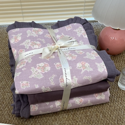 荣轩 2024新款全棉印花双层纱四件套 皱皱纱花边款 喜乐