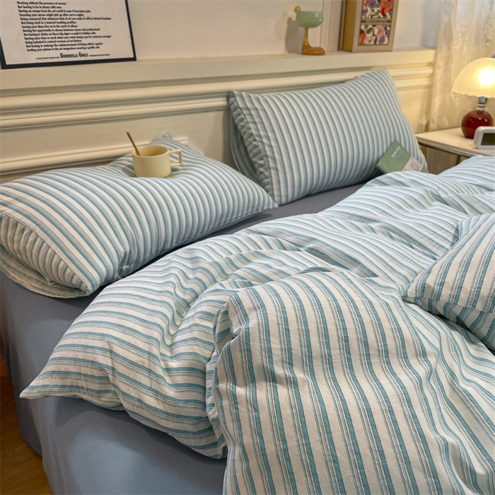 91家纺网 家纺一手货源 找家纺 盛秋家纺 2025新款水洗棉格子系列四件套莫拉绿+海清