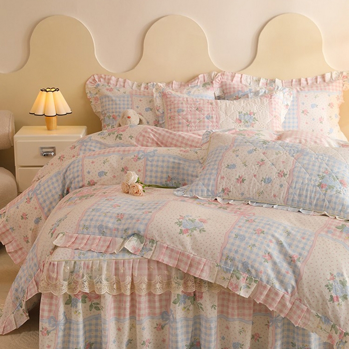 91家纺网 家纺一手货源 找家纺 美达家纺 2025新款全棉印花床裙四件套 悦动心妍