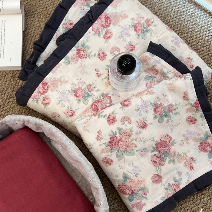 91家纺网 家纺一手货源 找家纺 荣轩 2024新款全棉印花双层纱四件套 皱皱纱花边款 月桂璎珞