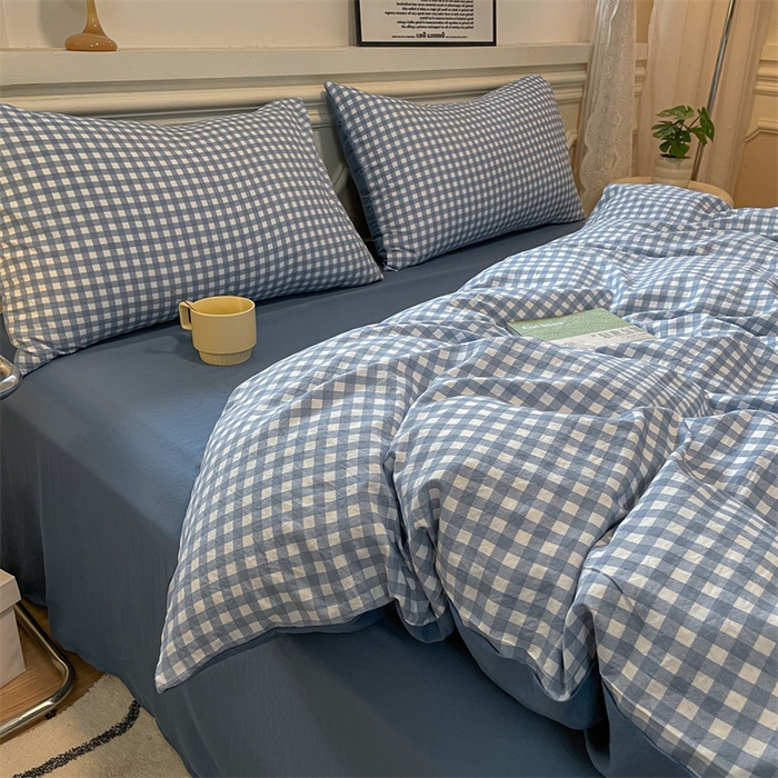 91家纺网 家纺一手货源 找家纺 盛秋家纺 2025新款水洗棉格子系列四件套 蓝小格+蓝灰