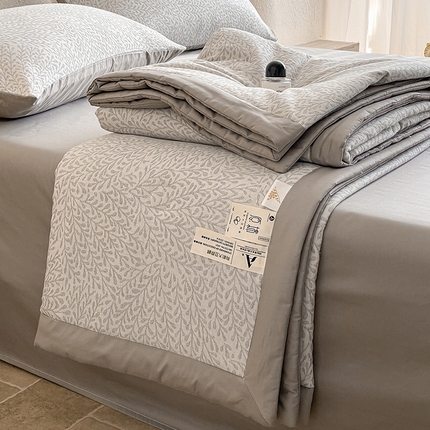 一加一家纺2025新款A类全棉三层纱色织提花大豆夏被四件套 叶茂--灰