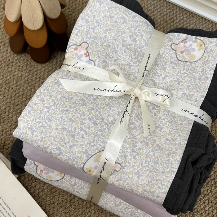 91家纺网 家纺一手货源 找家纺 荣轩 2024新款全棉印花双层纱四件套 皱皱纱花边款 曲奇绵绵