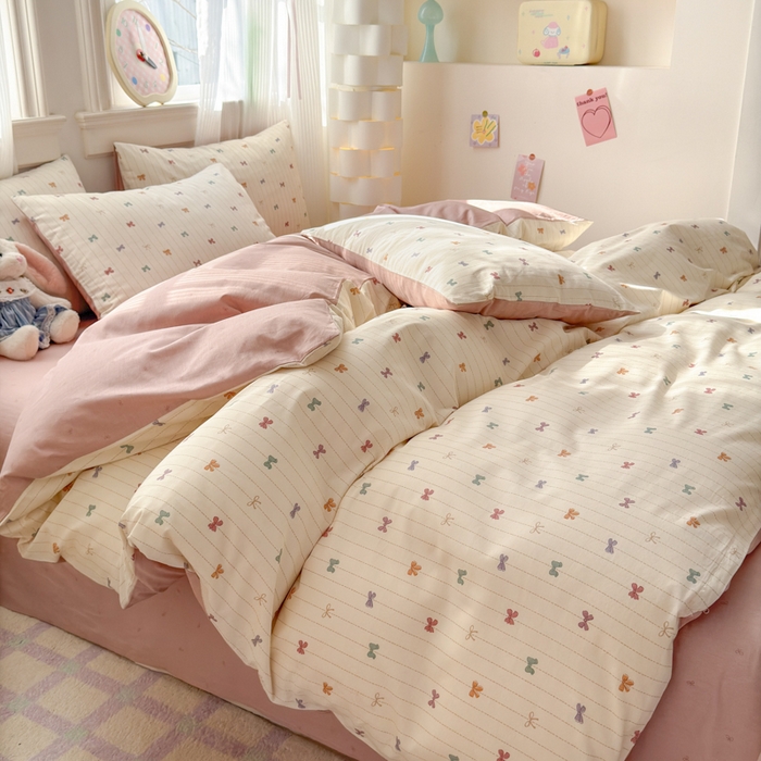 91家纺网 家纺一手货源 找家纺 清雅福 2025全棉13372小清新四件套和单被套早春系列第二批--四件套 糖果蝴蝶结