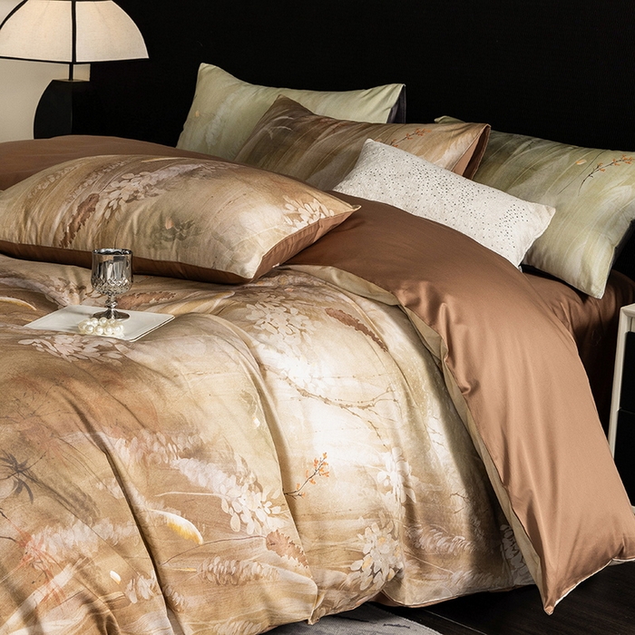 91家纺网 家纺一手货源 找家纺 立奥被业 2025新款60S数码印花四件套四件套 漠然咖