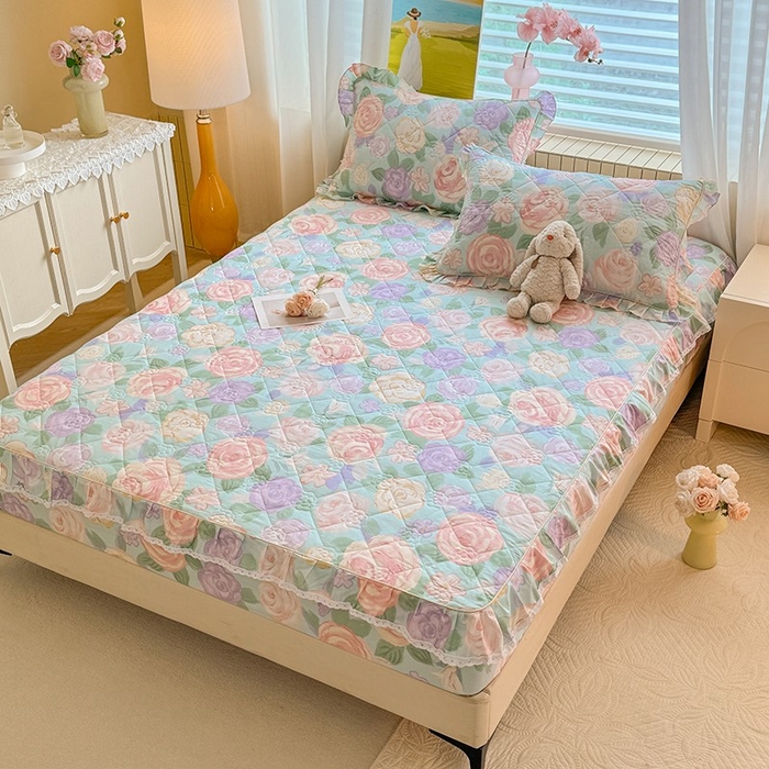 91家纺网 家纺一手货源 找家纺 美达家纺 2025新款全棉印花夹棉床笠 花幽兰-绿