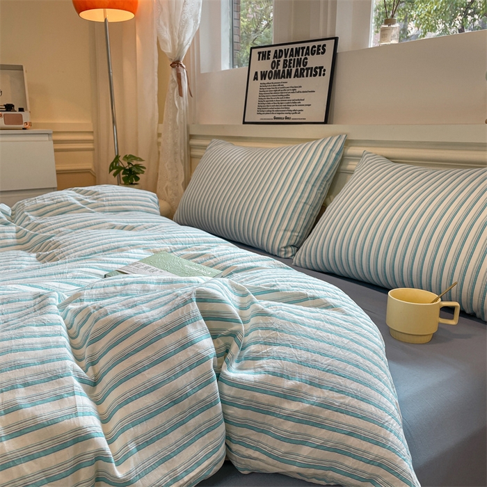 91家纺网 家纺一手货源 找家纺 盛秋家纺 2025新款水洗棉格子系列四件套莫拉绿+海清