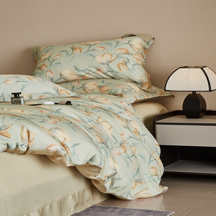 91家纺网 家纺一手货源 找家纺 顾家家居 2025新款莱塞尔数码印花四件套 林间蜜杏